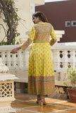 Yellow rayon slub flared printed kurti, three-quarter sleeves, vibrant Indian women's fashion