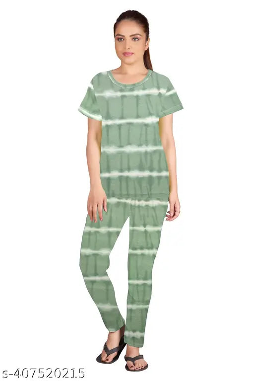 Women's tie and dye printed nightsuit set (Pack of 3), polycotton fabric, short sleeve tops & pyjama bottoms