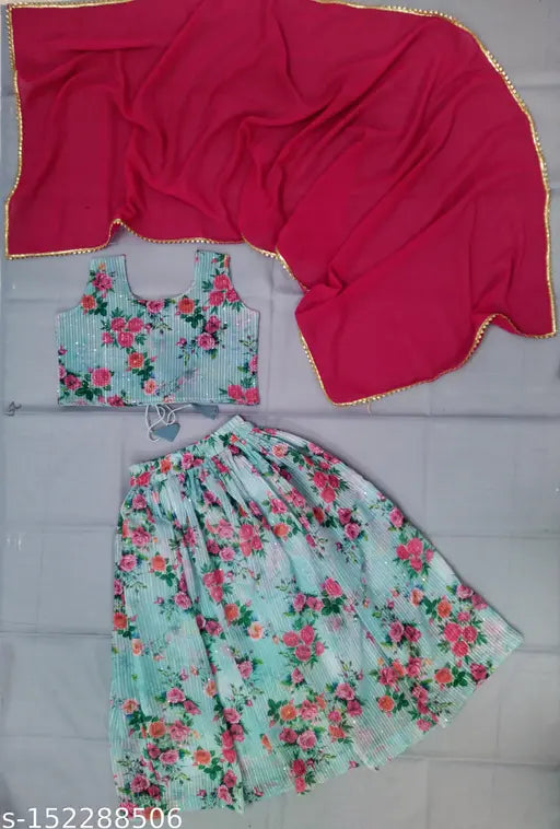 Gorgeous crepe lehenga choli for girls with digital print, comfortable for ages 2-11 years. Versatile Indian party wear, ideal for Navratri weddings, festivals & functions. Bright color, embroidered work. Handcrafted in India