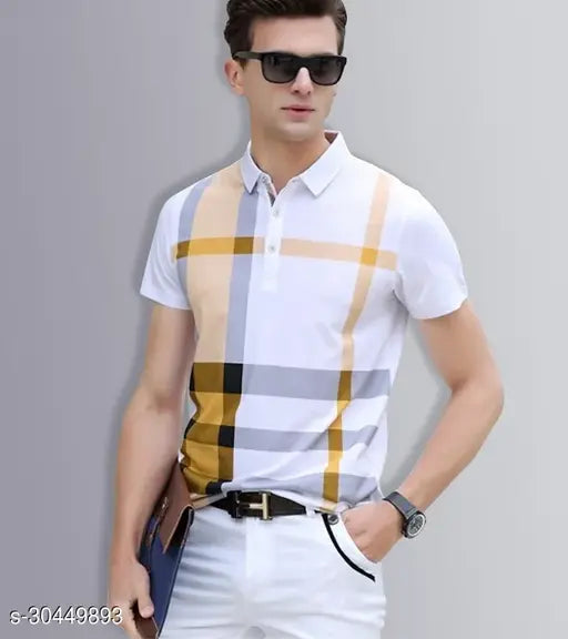 Gold-toned printed polo neck cotton t-shirt for men, short sleeves with thick and durable fabric, S/XL sizes