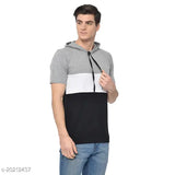 Grey cotton blend colorblocked men's hoodie t-shirt by Vimal Jonney, short sleeves style (M: 38" chest, 27.5" length)