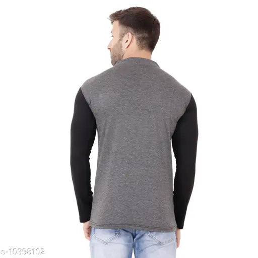 Grey cotton-blend mandarin t-shirt with self-design net pattern, long sleeves style