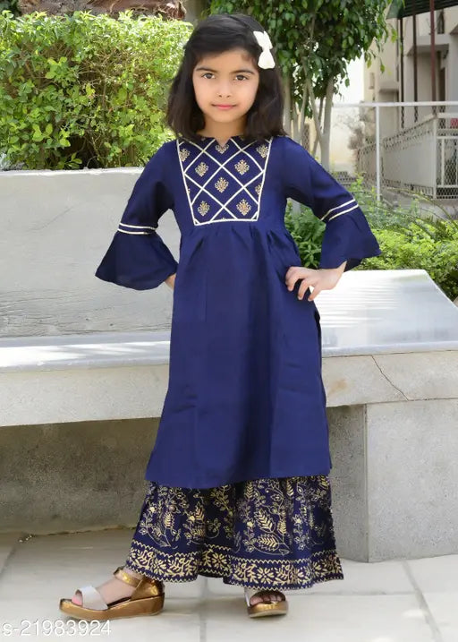 Nanci Green printed ethnic rayon kurti sharara set for baby girl, self-design with three-quarter sleeves, high-quality finishing. Size 3-4 years, made in India." (107 characters)