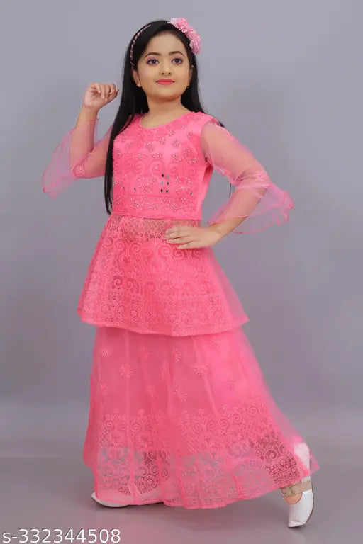 Embroidered net lehenga-choli set for kids, vibrant Indian wedding attire