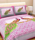 Jaipuri printed cotton double bed sheet with 2 pillow covers, vibrant Indian design on queen-size bed and pillows