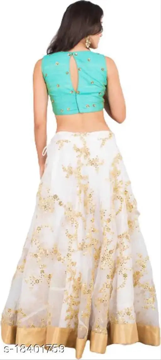 Attractive poly silk lehenga with net bottomwear and embroidered dupatta, free size, Indian origin