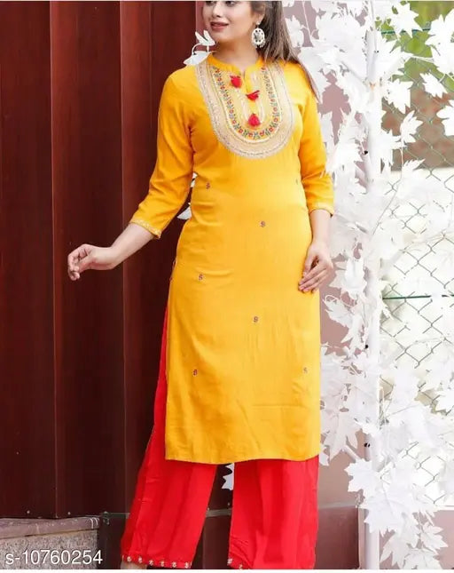 Women's rayon A-line embroidered long kurti with palazzos, three-quarter sleeves, single set in rayon fabric, India origin