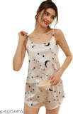 Cotton blend baby doll nightsuit with printed top & shorts, trendy round neck and short sleeves. India origin