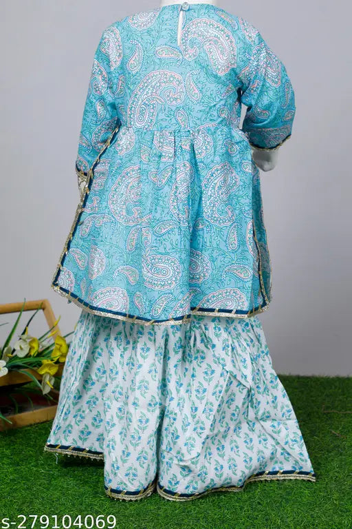 Blue cotton Spack Jerrow floral printed kurti sharara set for baby girls, vibrant and comfortable ethnic attire with gota patti and dori details, suitable for Indian festivals like Diwali, Janmashtami, rakhi etc