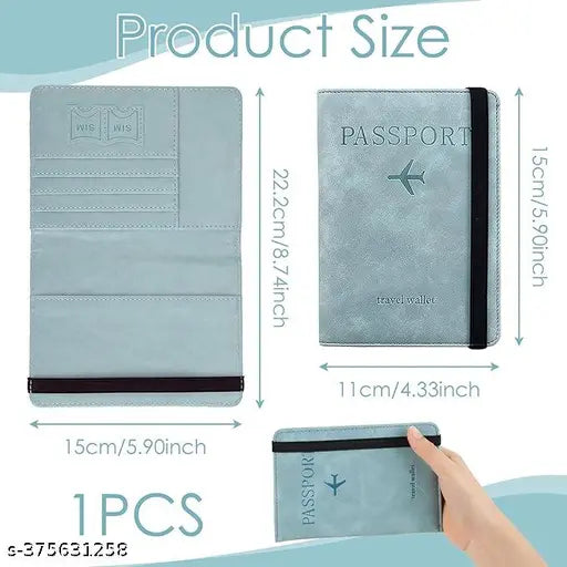 Blue PU Leather Travel Document Holder - RFID Blocking, includes 4 card slots, 1 passport slot, and cash compartment. Abrasion-resistant design for protection on-the-go