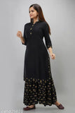 Rayon women's festive sharara set, solid net three-quarter sleeve kurta and pants for partywear
