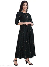 Green Rayon Anarkali Dress with Potli Gold W Print, Demirner_1001, three-quarter sleeves, size options available