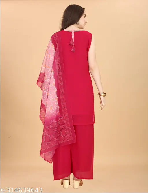 Printed design georgette Palazzo kurti set for women with dupatta and pants, solid color three-quarter sleeves Indian fashion on hanger