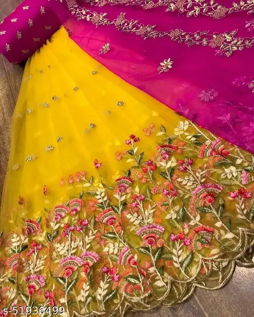Embroidered women's Lehenga in heavy net fabric with multi-thread work, semi-stitched and cutwork border. Made of silk inner, featuring a 43-inch waist and 41-43 inch length. Comes with a matching dupatta of heavy net with beautiful cutwork border and thread work, 2.10-2.20 meter in length. Indian handcrafted Lehenga, perfect for enhancing your wardrobe at a low rate