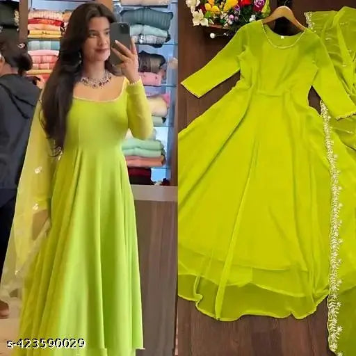 Georgette dyed gown with embroidery, heavy-weight Falak design by Jay Alakhdhani, solid pattern in multiple sizes (S-XXXL)