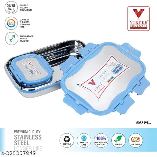 Stainless Steel VIRTUE HOMEWARE Lunch Box Set (850 ML) - Red, Blue, Green. Durable, leak-proof, and easy to clean, perfect for office or school travel picnics