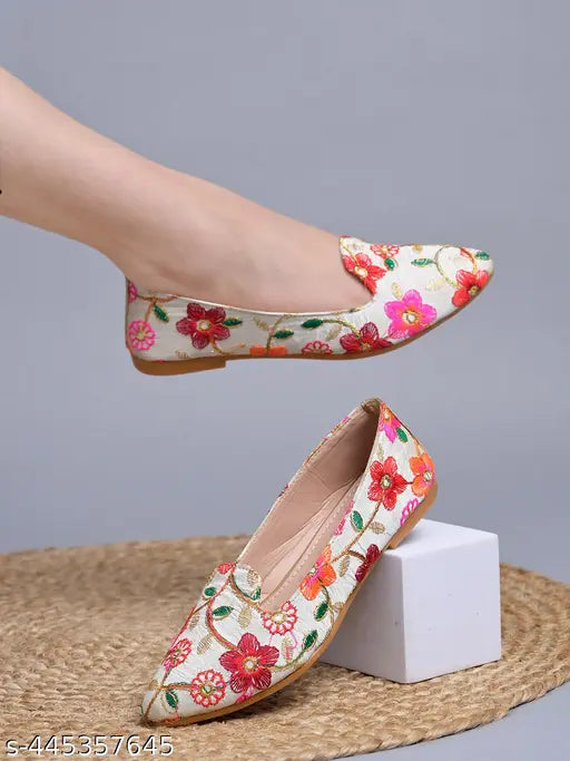 Synthetic ethnic multi-floral ballerina flats for women & girls, colorful embellished slip-ons, versatile fashion footwear from Shoetopia India