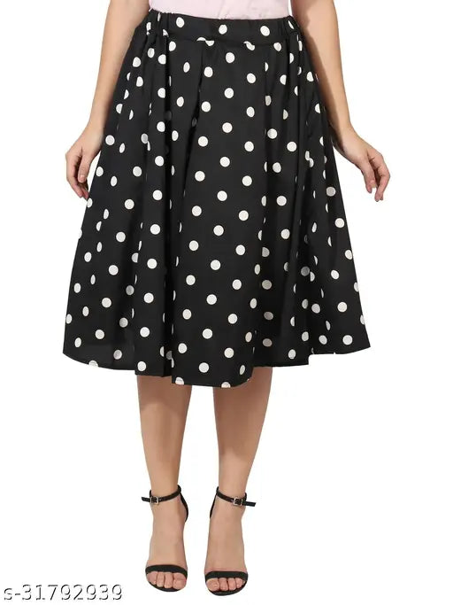 White dot on black base polyester skirt, printed net mid-calf length casual wear for women