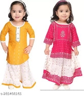 New rayon girls' kurta combo pack of 2 - A-line palazzos & skirts sets, embroidered, three-quarter sleeves. Multiple sizes available