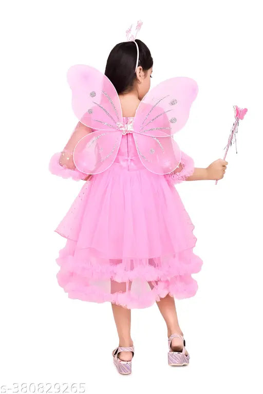Pink embellished net party dress, three-quarter sleeves, fairy-inspired girl's frock, India origin