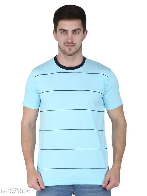 Round neck striped cotton t-shirt for men, short sleeves, printed pattern, size S (38in chest, 26.5in length), made in India