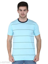 Round neck striped cotton t-shirt for men, short sleeves, printed design, size S (38in chest, 26.5in length), made in India
