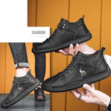 Brown synthetic leather high top hiking shoes for men, thick-soled and lace-up closure. Ideal for casual outdoor activities." (124 characters)