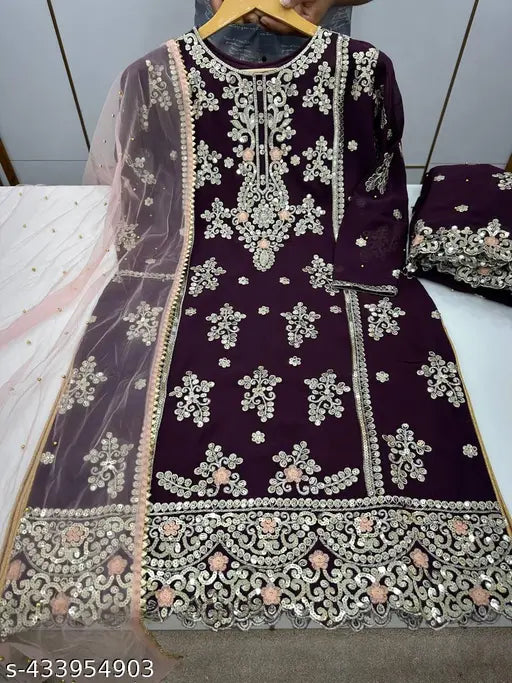 Designer Georgette-Net party wear TopPlazzo with heavy embroidery and matching dupatta & bottomwear - XL size from India