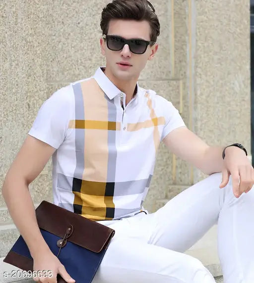White cotton blend polo neck t-shirts for men, printed design on short sleeves