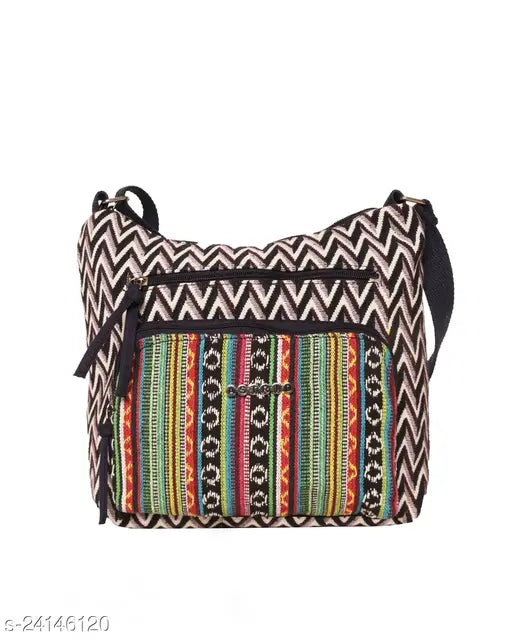 Purple and white women's medium-sized sling bag made of canvas, featuring self-design pattern with four compartments. Free size, originates from India