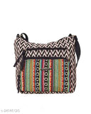 Purple and white women's medium-sized sling bag made of canvas, featuring self-design pattern with four compartments. Free size, originates from India