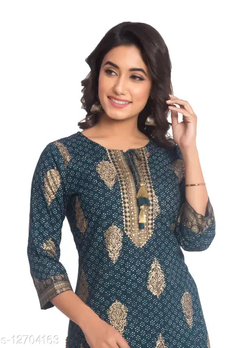 Women's printed festive rayon slub kurta set with sharara palazzos, three-quarter sleeves - India