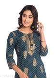 Women's printed festive rayon slub kurta set with sharara palazzos, three-quarter sleeves - India
