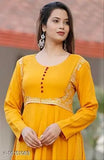 Mustard print rayon Anarkali kurti for women, three-quarter sleeves, Indian traditional fashion