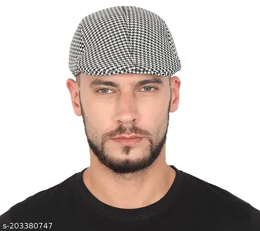 Men's woolen checkered casual flat cap, versatile for fishing, driving, hunting, or golf outings. Indian origin