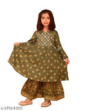 Olive green printed rayon boys' A-line Kurta Sharara set with three-quarter sleeves, available in various sizes for kids aged 3-14 years. Made in India