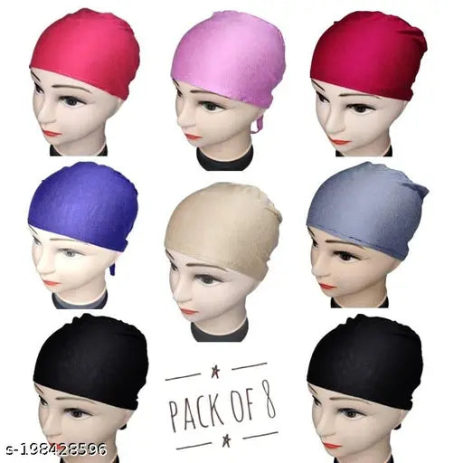 Cotton canvas, solid-patterned head wrap - Pack of 8 Under Hijab Cap/Muslim Undescarf/Islamic Hrad Wrap from India