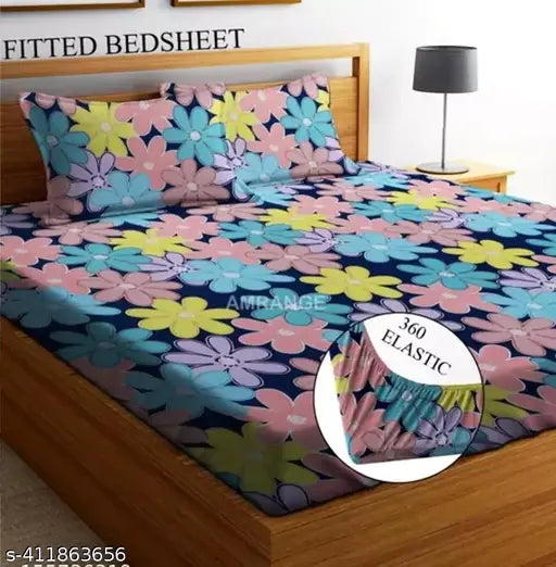 Glace cotton floral double fitted bedsheet with two pillow covers, ideal for adult use on 8 inches mattress in summer. Superfine quality elastic sheets with 220 thread count, made by Duhan hub in India
