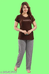 Brown hosiery summer night dress suite with printed net design, comfortable women's pyjama set made of 100% cotton hosiery 180 GSM fabric