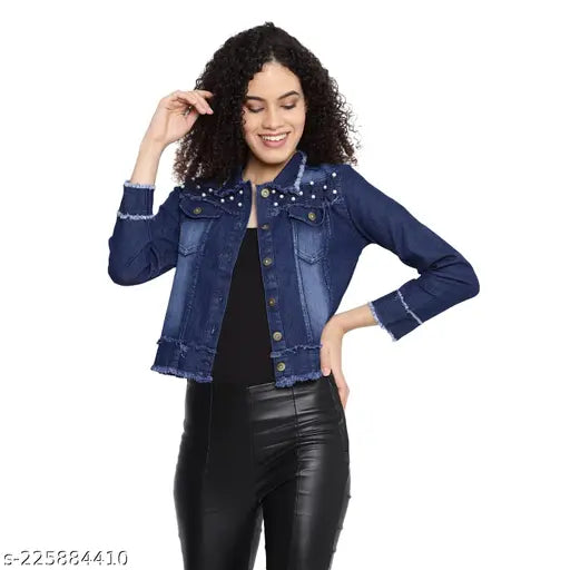 Denim women's jacket combo, long sleeves, solid pattern. Sophisticated winter wear from India