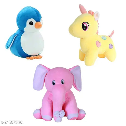 Trendy unisex soft toys combo: elephant, unicorn, penguin (3 pieces), high-quality fabric net toys from India