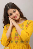 Yellow embroidered rayon kurti with three-quarter sleeves, Indian women's fashion, handcrafted Anarkali style