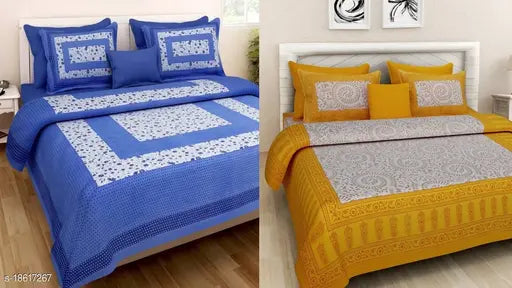 Jaipuri cotton double bed sheets combo pack, Indian handcrafted cotton bedsheets and pillow covers for home decor