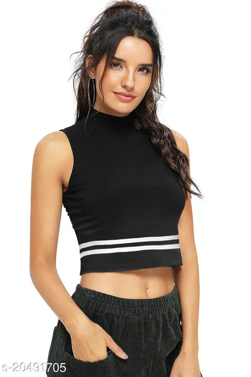 Black cotton blend striped hosiery crop top (18 inches), sleeveless and printed net design for casual wear