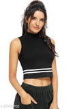 Black cotton blend striped hosiery crop top (18 inches), sleeveless and printed net design for casual wear