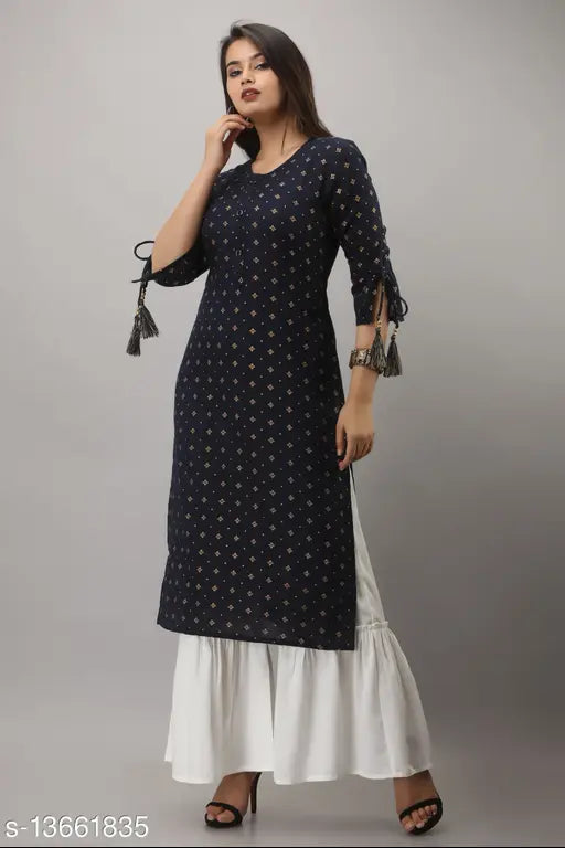 Blue and white printed cotton slub kurta rayon sharara set, three-quarter sleeves, Indian traditional ethnic wear