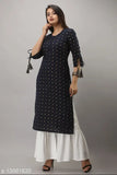 Blue and white printed cotton slub kurta rayon sharara set, three-quarter sleeves, Indian traditional ethnic wear