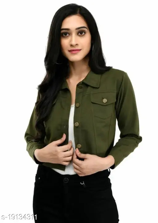 Dark green denim Mehandi jacket for women, solid pattern, long sleeves, S-XL sizes