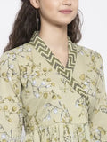 Pista Green Floral Print A-Line Kurta: Indibelle cotton, long sleeves, ankle length, self-design