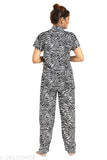 Stylish satin night suit printed payjama top set for women, collared night dress with capri pants and short sleeves